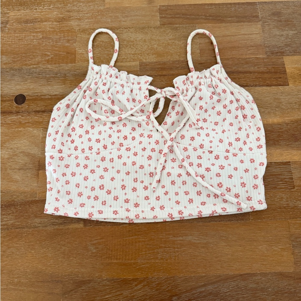 J.O.A. White Cami Crop Top with Pink Floral Print